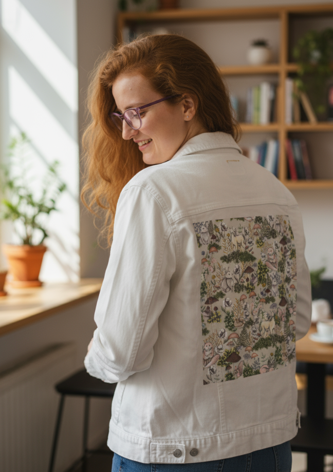 INTO THE WOODS by CECILIA BATTAINI, digitally printed on DENIM products: throw pillows, aprons, table place mats, and hand-made Unisex Denim Jackets in 3 color choices