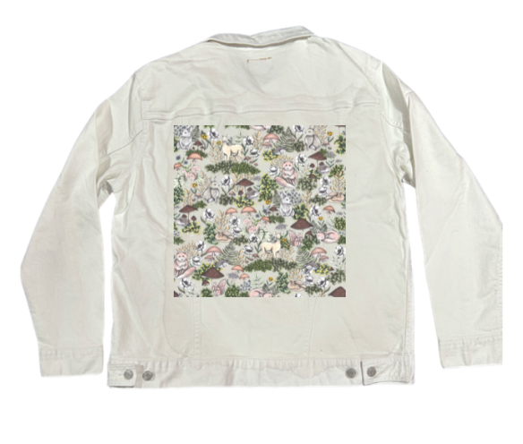 INTO THE WOODS by CECILIA BATTAINI, digitally printed on DENIM products: throw pillows, aprons, table place mats, and hand-made Unisex Denim Jackets in 3 color choices