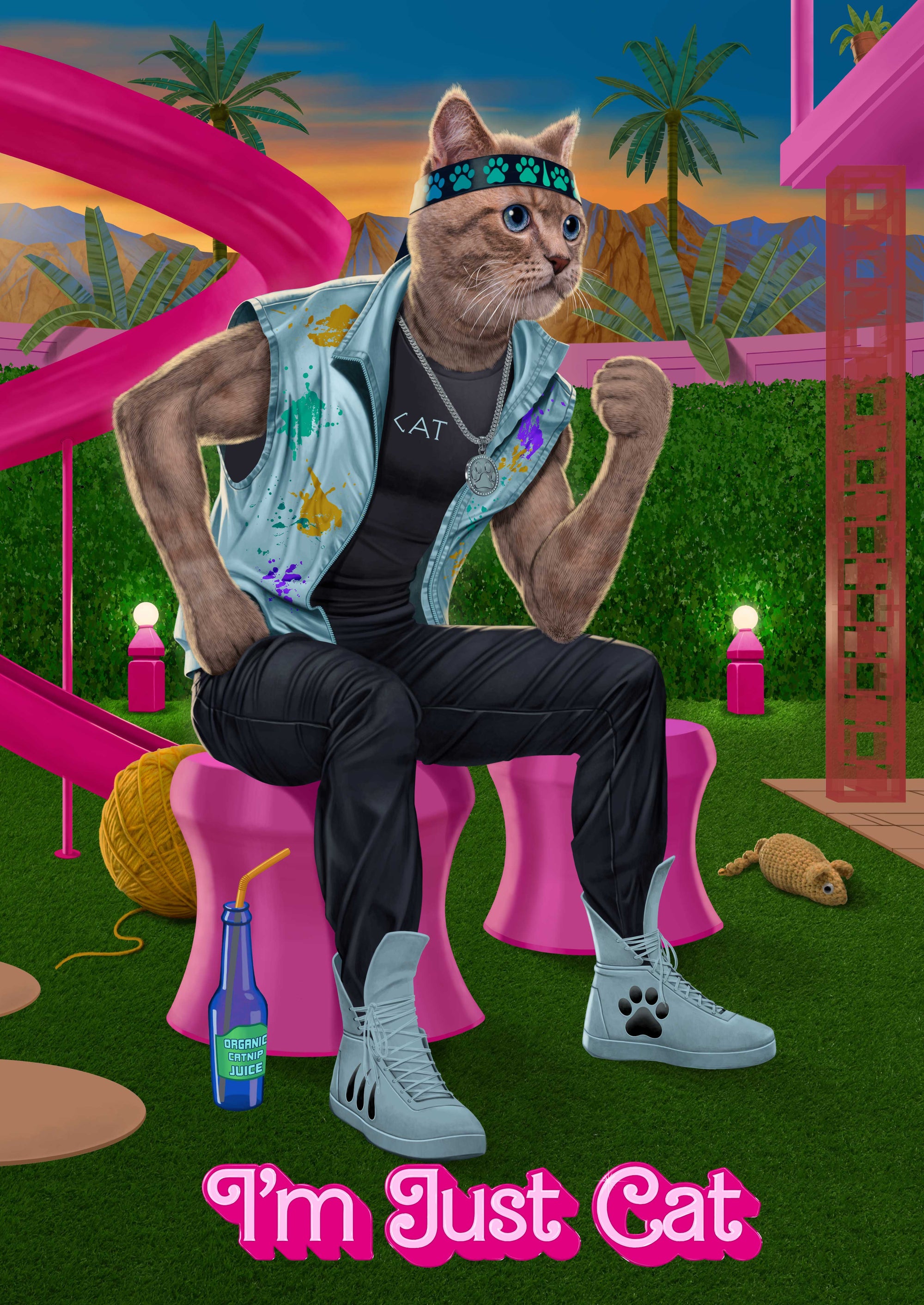 I'M JUST CAT by VINCENT HIE, digitally printed on DENIM products: throw pillows, aprons, table place mats, and hand-made Unisex Denim Jackets in 3 color choices