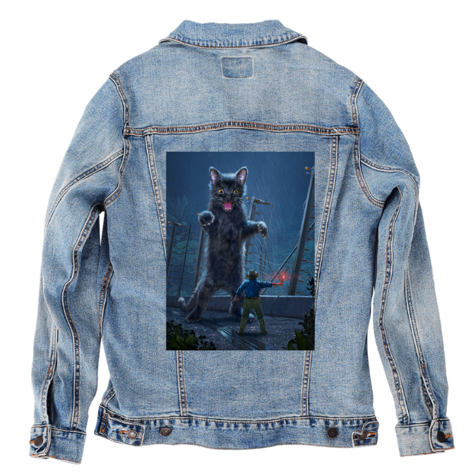 JURASSIC KITTY by VINCENT HIE, digitally printed on DENIM products: throw pillows, aprons, table place mats, and hand-made Unisex Denim Jackets in 3 color choices