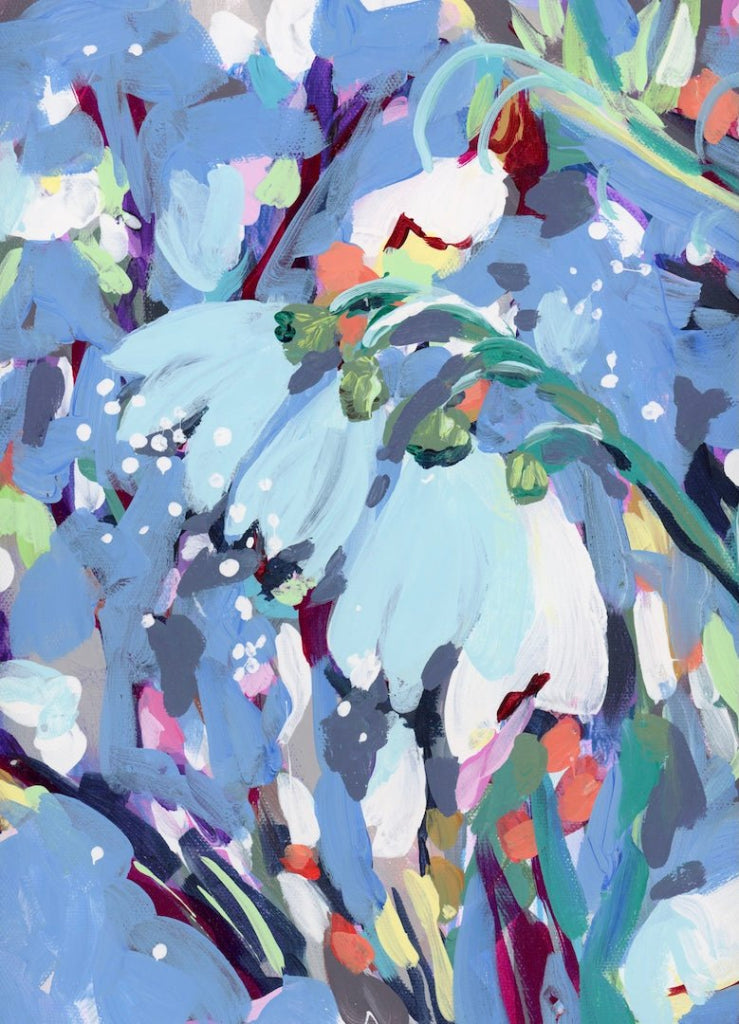 illustration of A close-up snowdrop-like flower painted in expressive brushstrokes, with pale icy blue and white petals drooping downward from curved green stems. small rounded green buds cluster near the tops of the stems. the background is densely layered with blue, slate, lavender, mint, and gray paint, accented by white dot marks suggesting falling snow. visible texture and overlapping strokes fill the composition. This artwork is titled “January Birth Flower” and created by Paige Flotterud