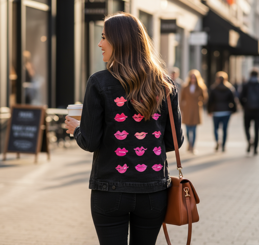 KISS COLLECTION by CatCoq, digitally printed on DENIM products: throw pillows, aprons, table place mats, and hand-made Unisex Denim Jackets in 3 color choices