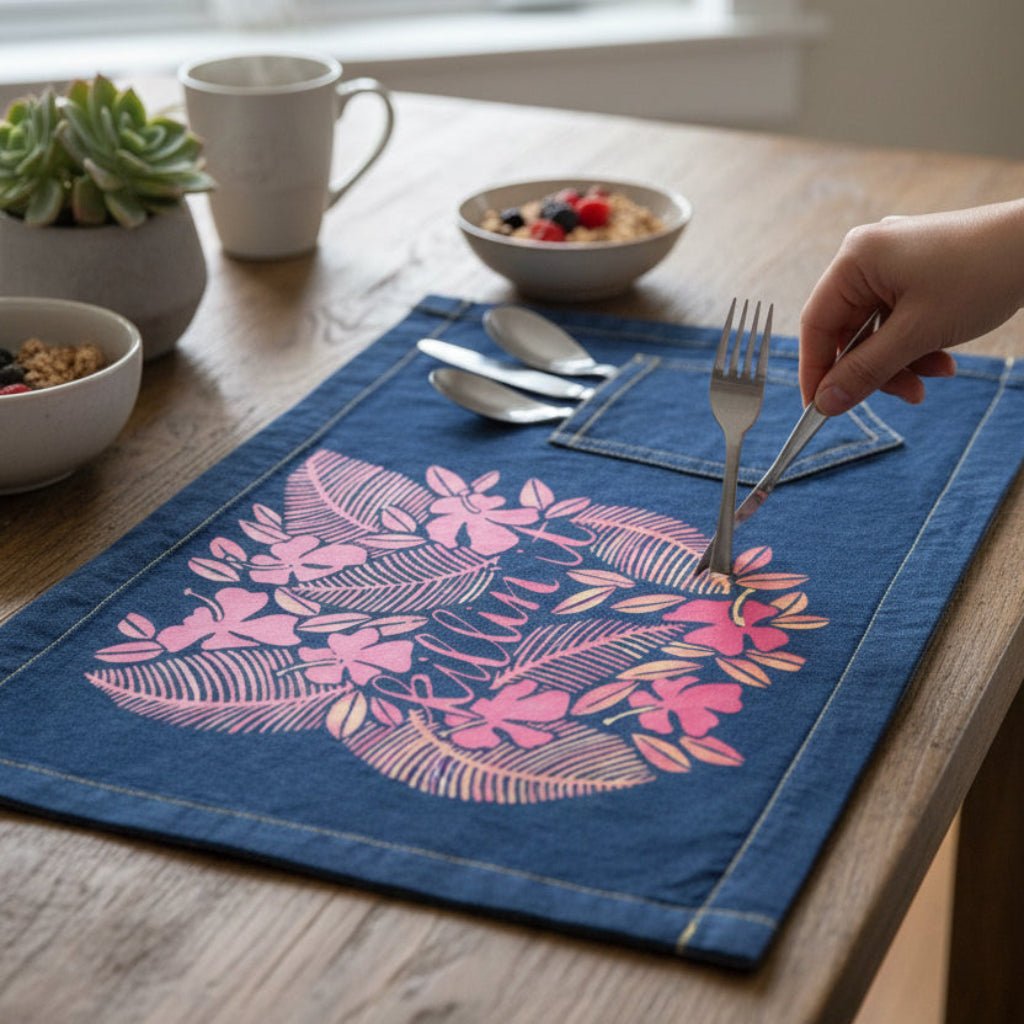 Blue denim placemat with pink floral design on a wooden table with a hand holding a fork.  Killin-it-catcoq-table-placemat-with-utensils-lifestyle-shot