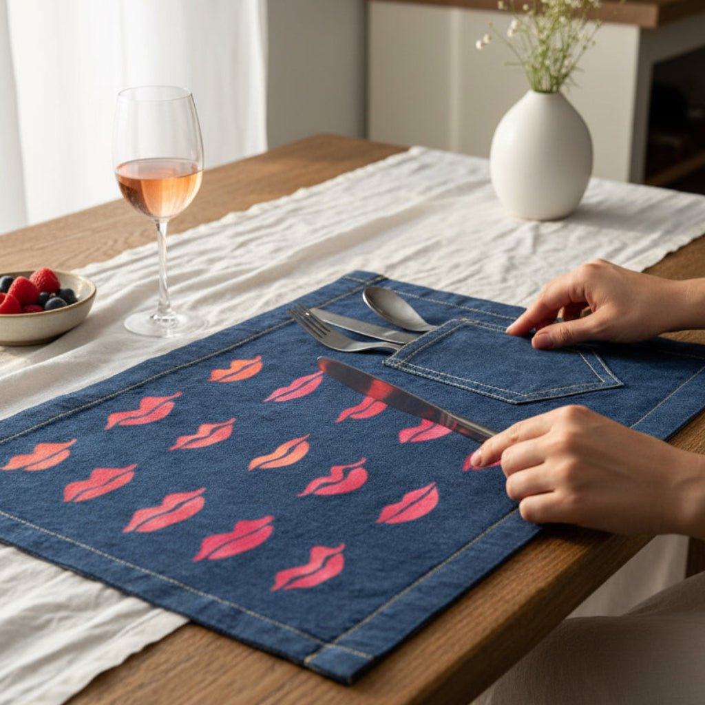 Person setting a table with a denim placemat featuring pink lips, a glass of wine, and a vase. Kiss-Collection-by-CatCoq-denim-table-placemat-lifestyle-shot