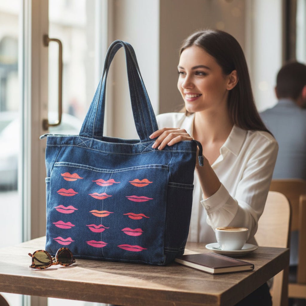 Woman holding a blue tote bag with pink lip prints in a cafe.  Kiss-Collection-by-CatCoq-denim-tote-bag-lifestyle-shot