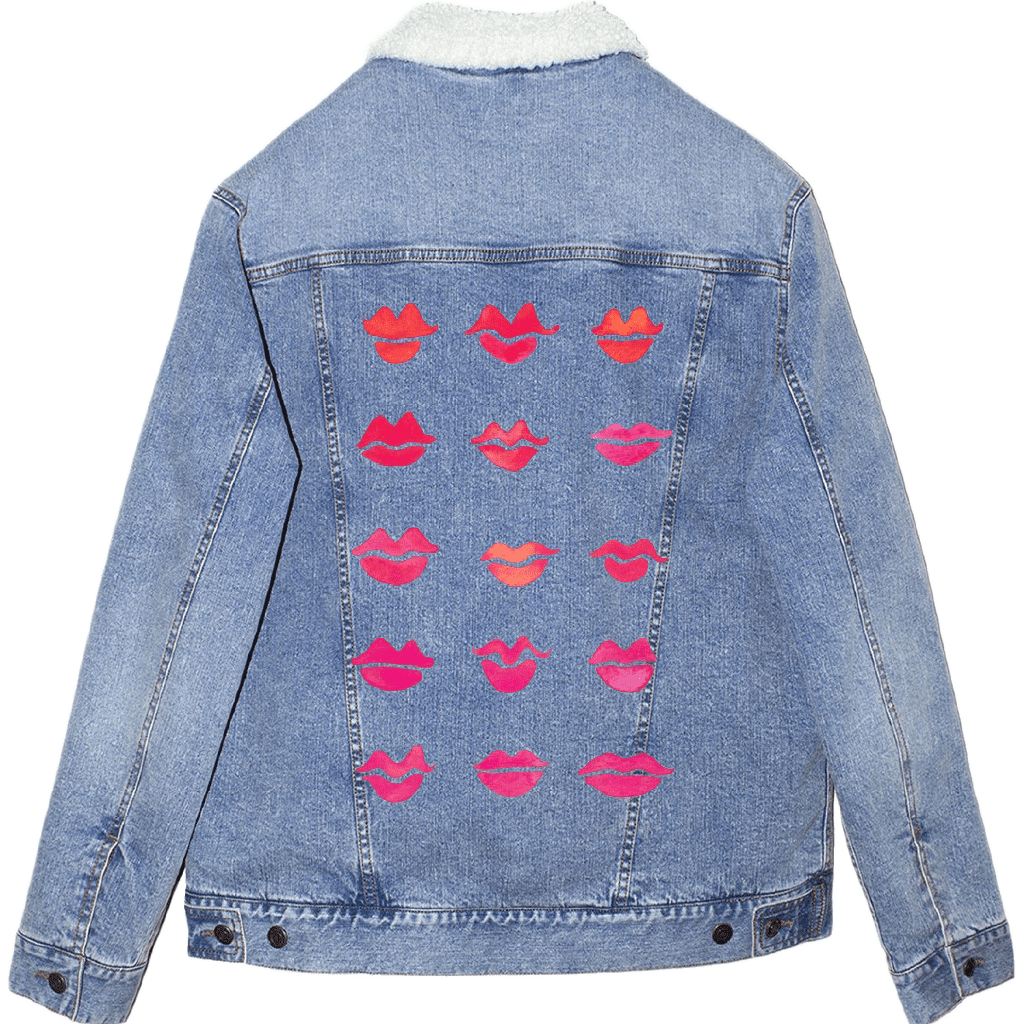 sherpa lined stonewashed denim jacket with pink lip prints on a white background.  Kiss-Collection-by-CatCoq-sherpa-lined-jacket-stonewash-mockup