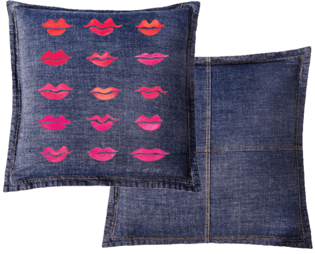 Denim pillow with pink lips pattern. Kiss-Collection-by-CatCoq-throw-pillow-WIDE-mockup