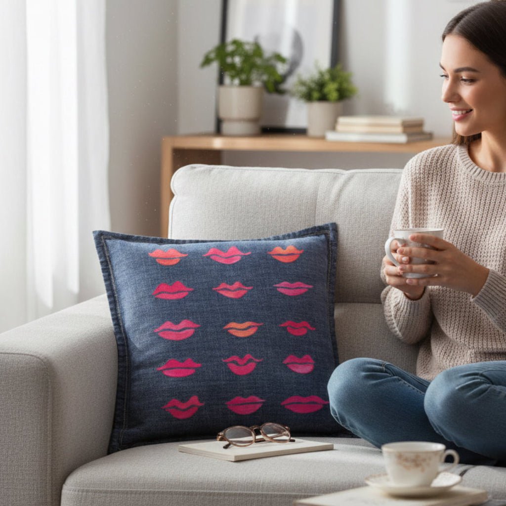 Woman sitting on a couch with a colorful pillow and a cup of coffee. Kiss-Collection-by-CatCoq-throw-pillow-lifestyle-shot