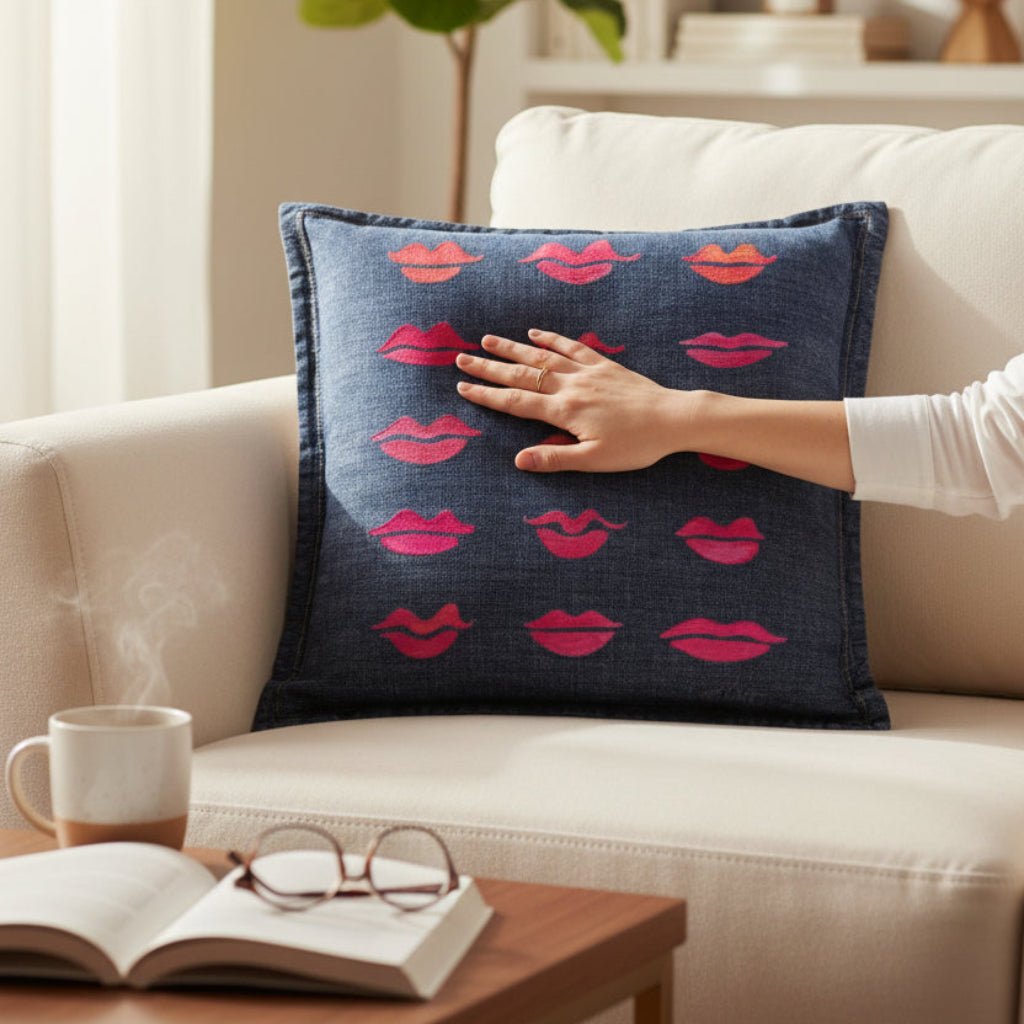 Hand touching a decorative denim pillow with pink lips pattern on a beige sofa in a living room. Kiss-Collection-by-CatCoq-throw-pillow-lifestyle-shot