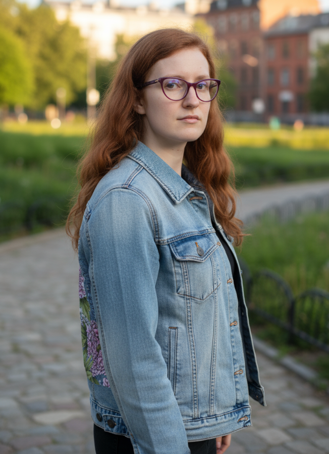 UFO SPACE PURPLE by KITSCH AND CURATE, digitally printed on DENIM products: throw pillows, aprons, table place mats, and hand-made Unisex Denim Jackets in 3 color choices