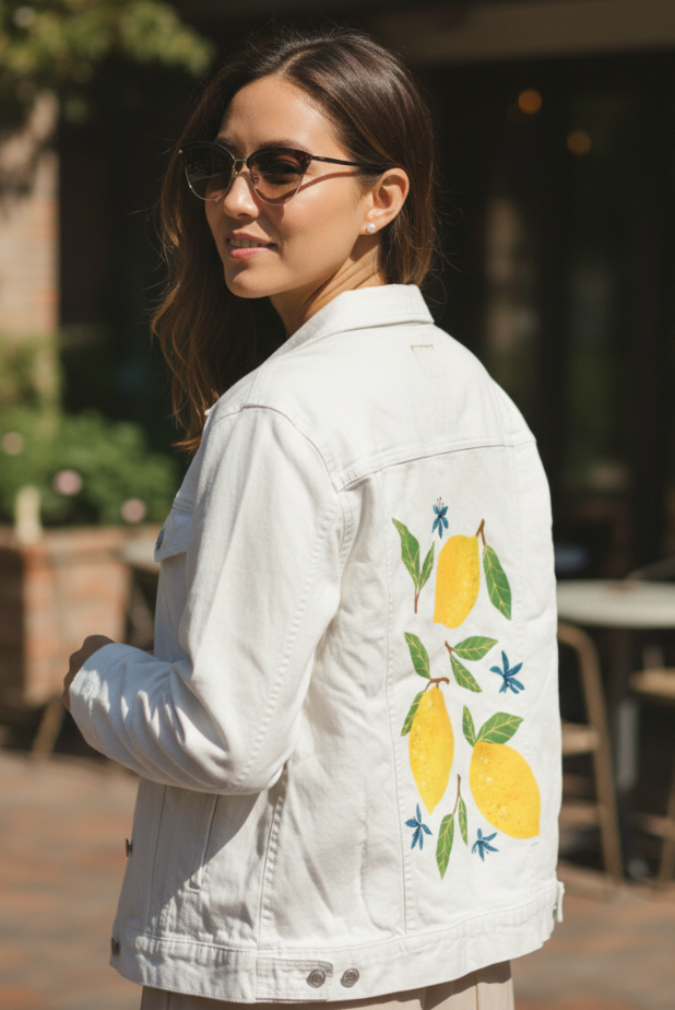 LEMONS by thearticsoul, digitally printed on DENIM products: throw pillows, aprons, table place mats, and hand-made Unisex Denim Jackets in 3 color choices