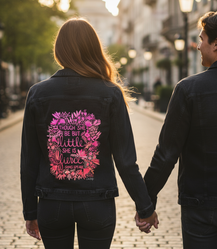 LITTLE &amp; FIERCE by CatCoq, digitally printed on DENIM products: throw pillows, aprons, table place mats, and hand-made Unisex Denim Jackets in 3 color choices