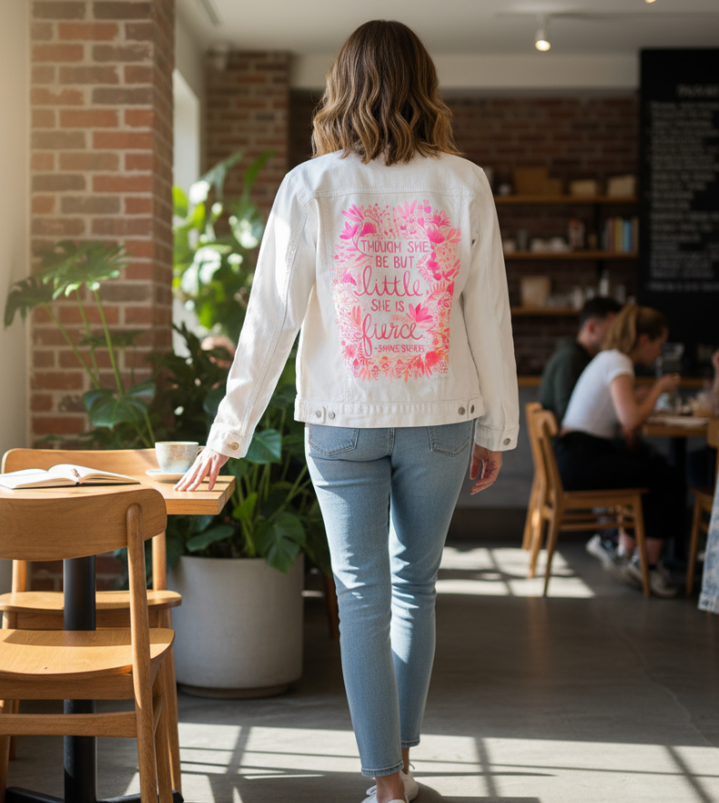 LITTLE &amp; FIERCE by CatCoq, digitally printed on DENIM products: throw pillows, aprons, table place mats, and hand-made Unisex Denim Jackets in 3 color choices