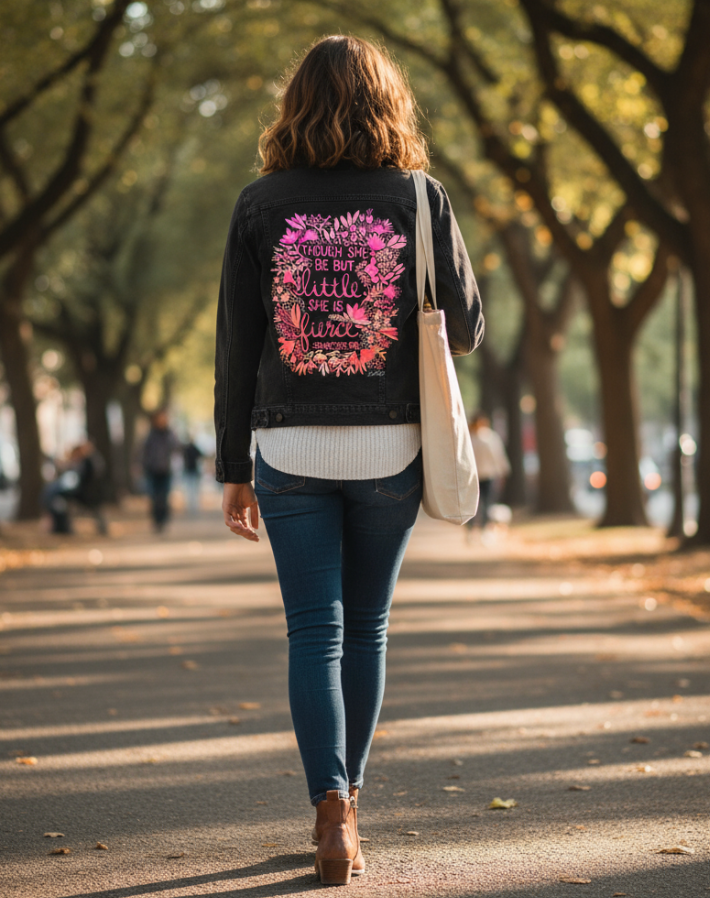 LITTLE &amp; FIERCE by CatCoq, digitally printed on DENIM products: throw pillows, aprons, table place mats, and hand-made Unisex Denim Jackets in 3 color choices