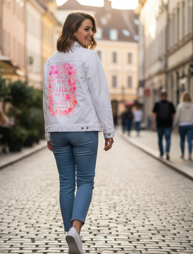 LITTLE &amp; FIERCE by CatCoq, digitally printed on DENIM products: throw pillows, aprons, table place mats, and hand-made Unisex Denim Jackets in 3 color choices