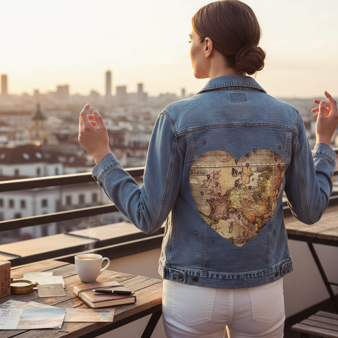 LOVE BY TRAVEL by TOBE FONSECA, digitally printed on DENIM products: throw pillows, aprons, table place mats, and hand-made Unisex Denim Jackets in 3 color choices
