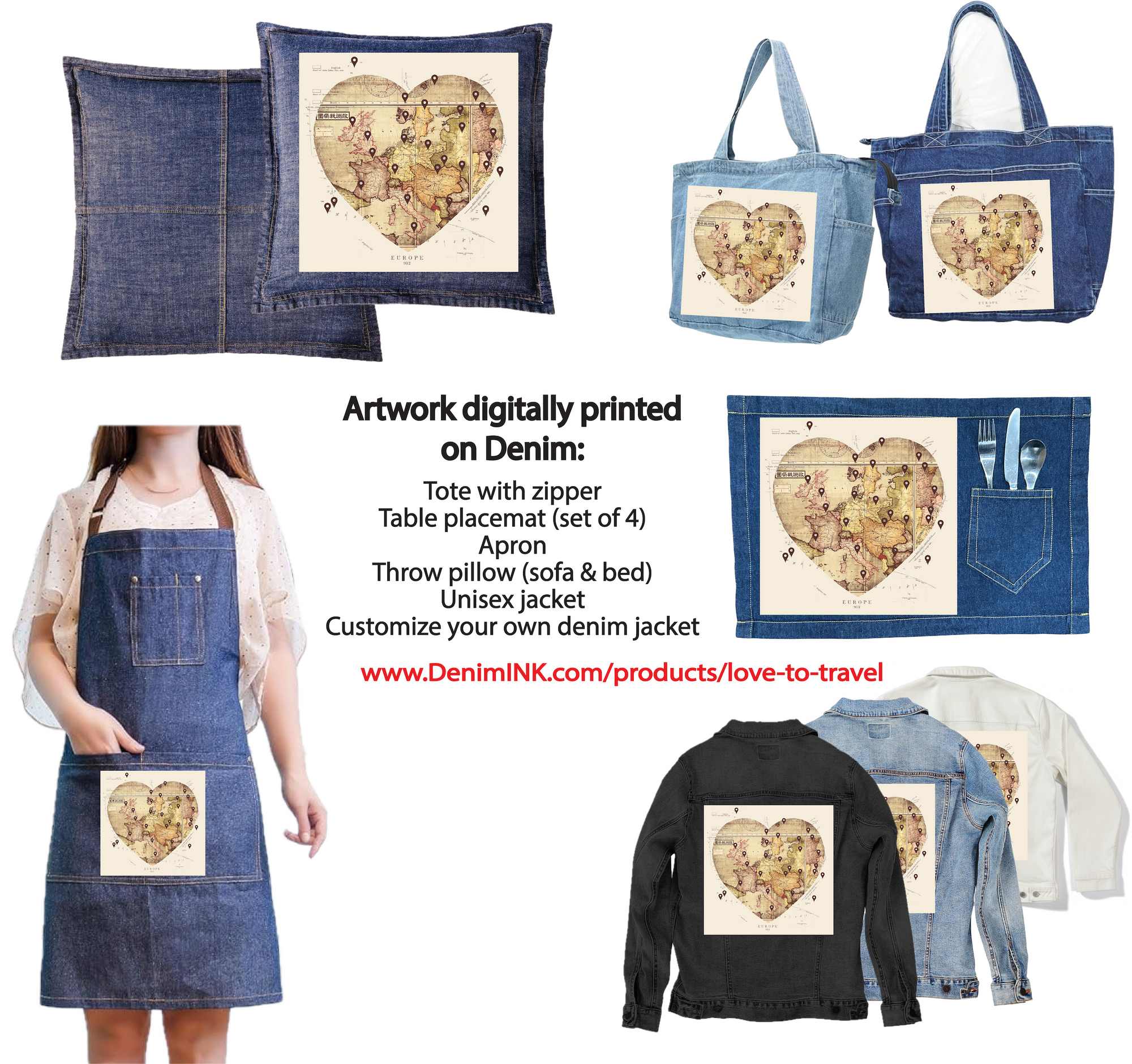 LOVE BY TRAVEL by TOBE FONSECA, digitally printed on DENIM products: throw pillows, aprons, table place mats, and hand-made Unisex Denim Jackets in 3 color choices