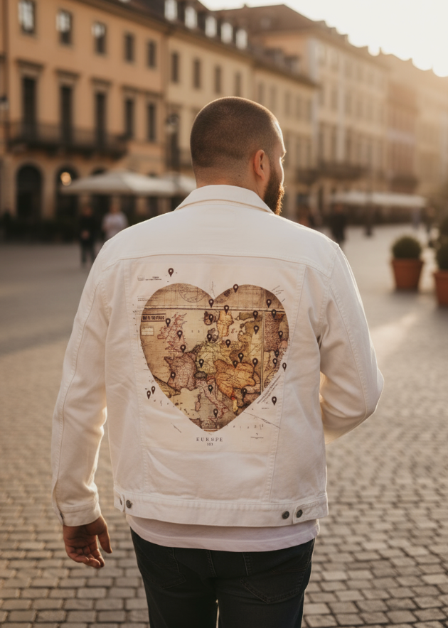 LOVE BY TRAVEL by TOBE FONSECA, digitally printed on DENIM products: throw pillows, aprons, table place mats, and hand-made Unisex Denim Jackets in 3 color choices