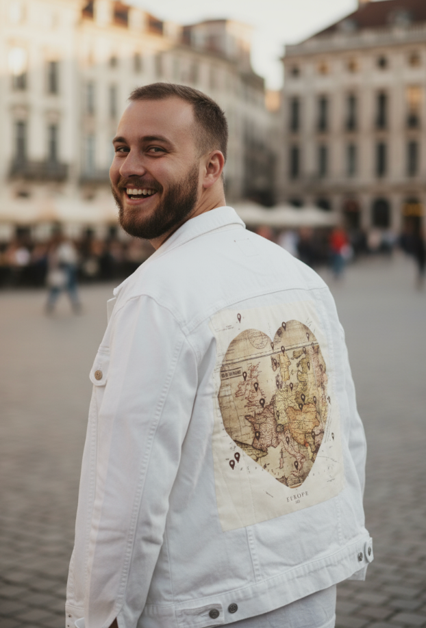 LOVE BY TRAVEL by TOBE FONSECA, digitally printed on DENIM products: throw pillows, aprons, table place mats, and hand-made Unisex Denim Jackets in 3 color choices