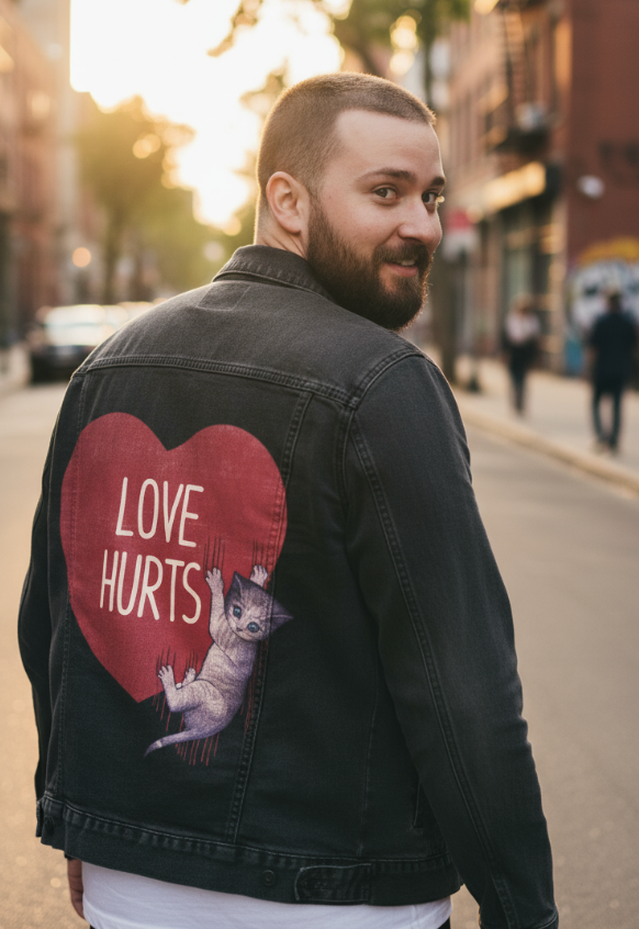 LOVE HURTS by TOBE FONSECA, digitally printed on DENIM products: throw pillows, aprons, table place mats, and hand-made Unisex Denim Jackets in 3 color choices