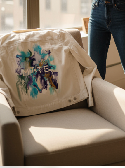 MATE OCEAN MARBLE by RAMIR DESIGNS, digitally printed on DENIM products: throw pillows, aprons, table place mats, and hand-made Unisex Denim Jackets in 3 color choices