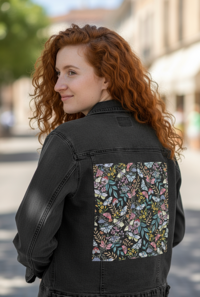 MIDNIGHT GARDEN by CECILIA BATTAINI, printed on a hand-made Unisex Denim Jacket