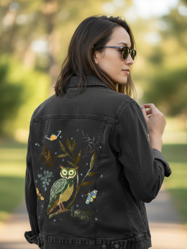 MOONLIT OWL by thearticsoul, digitally printed on DENIM products: throw pillows, aprons, table place mats, and hand-made Unisex Denim Jackets in 3 color choices