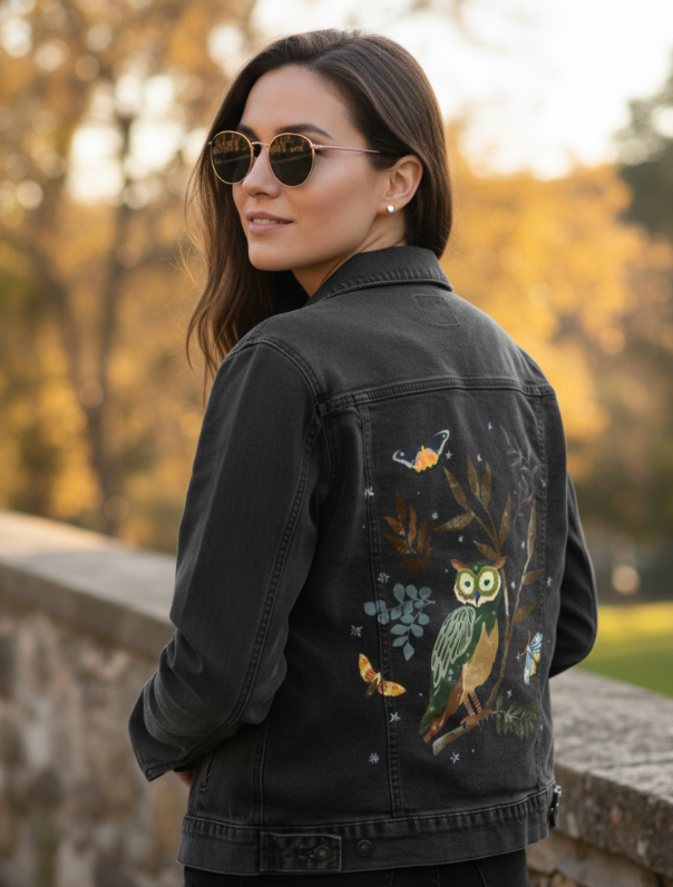 MOONLIT OWL by thearticsoul, digitally printed on DENIM products: throw pillows, aprons, table place mats, and hand-made Unisex Denim Jackets in 3 color choices