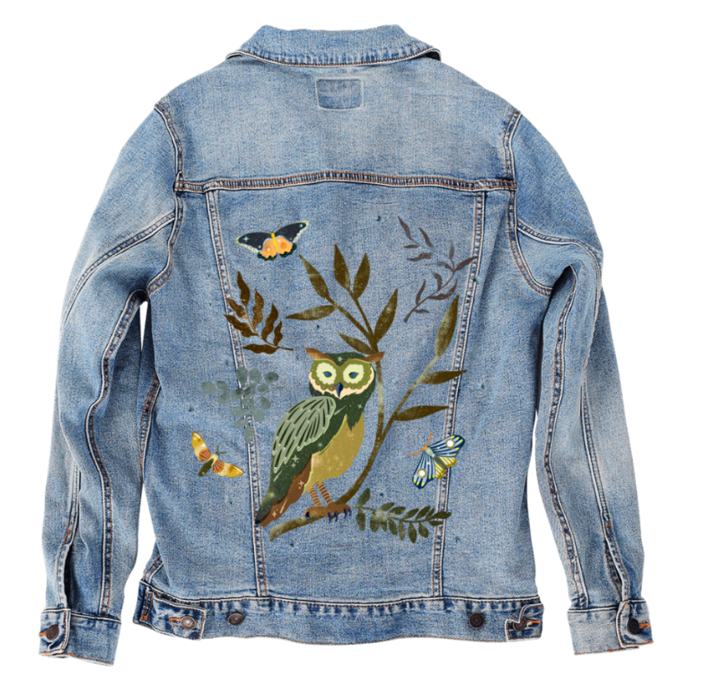 MOONLIT OWL by thearticsoul, digitally printed on DENIM products: throw pillows, aprons, table place mats, and hand-made Unisex Denim Jackets in 3 color choices