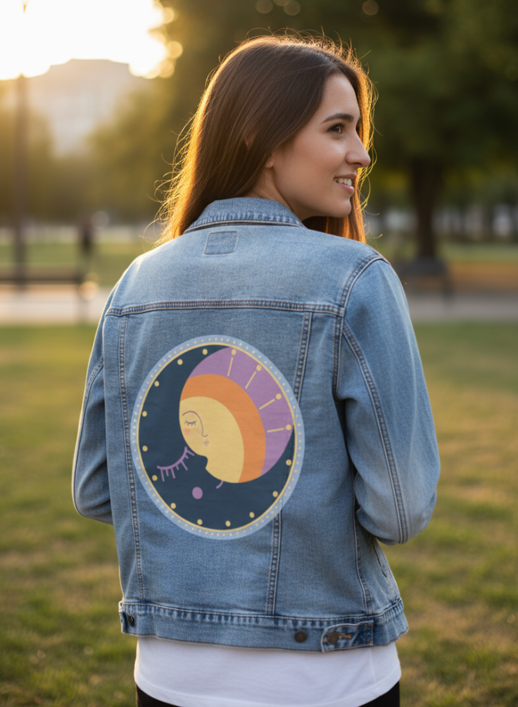 MOONPHASE by HEND SHEHATA, digitally printed on a hand-made Unisex Denim Jacket