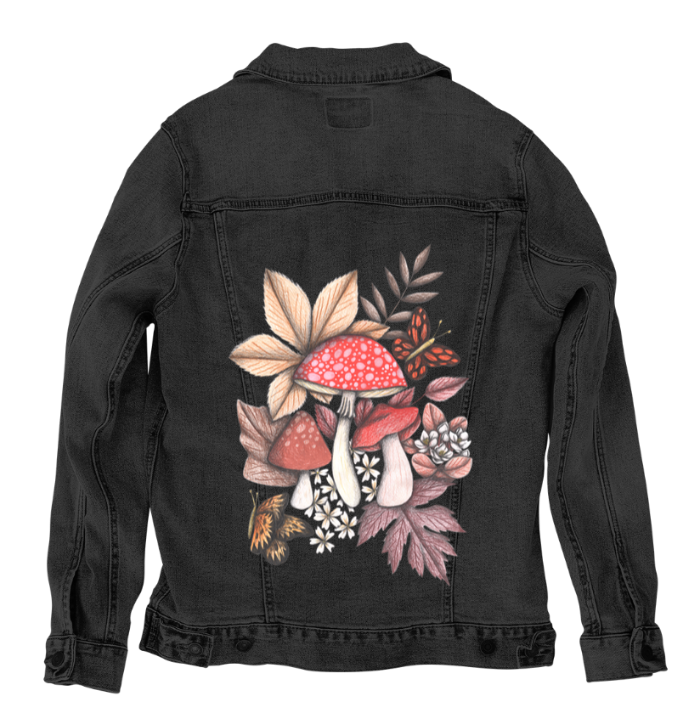 MUSHROOMS MAGIC 1 by CECILIA BATTAINI, digitally printed on DENIM products: throw pillows, aprons, table place mats, and hand-made Unisex Denim Jackets in 3 color choices