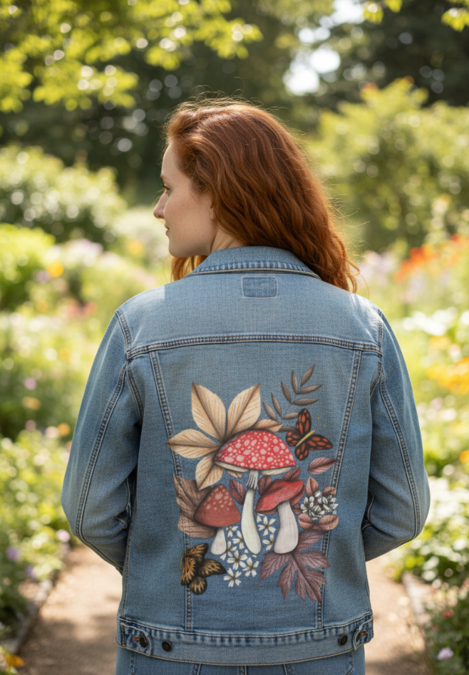MUSHROOMS MAGIC 1 by CECILIA BATTAINI, digitally printed on DENIM products: throw pillows, aprons, table place mats, and hand-made Unisex Denim Jackets in 3 color choices
