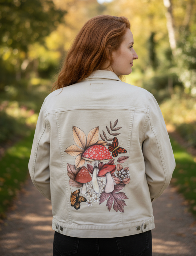MUSHROOMS MAGIC 1 by CECILIA BATTAINI, digitally printed on DENIM products: throw pillows, aprons, table place mats, and hand-made Unisex Denim Jackets in 3 color choices