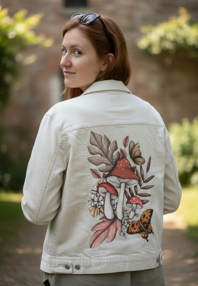 MUSHROOM MAGIC 2 by CECILIA BATTAINI, digitally printed on DENIM products: throw pillows, aprons, table place mats, and hand-made Unisex Denim Jackets in 3 color choices