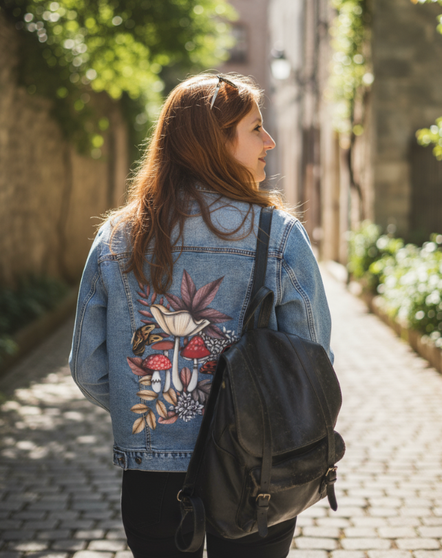 MUSHROOM MAGIC 3 by CECILIA BATTAINI, digitally printed on DENIM products: throw pillows, aprons, table place mats, and hand-made Unisex Denim Jackets in 3 color choices