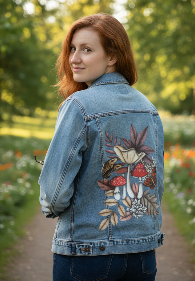 MUSHROOM MAGIC 3 by CECILIA BATTAINI, digitally printed on DENIM products: throw pillows, aprons, table place mats, and hand-made Unisex Denim Jackets in 3 color choices