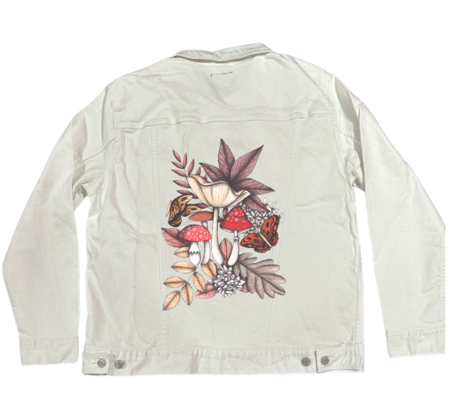 MUSHROOM MAGIC 3 by CECILIA BATTAINI, digitally printed on DENIM products: throw pillows, aprons, table place mats, and hand-made Unisex Denim Jackets in 3 color choices