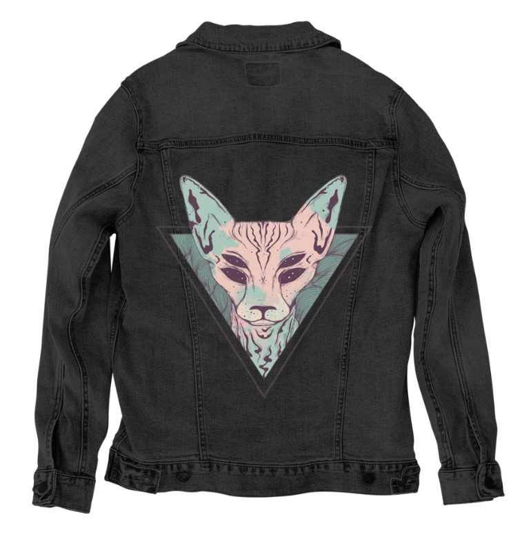 MYSTIC SPHINX by JESS ADAMS, digitally printed on DENIM products: throw pillows, aprons, table place mats, and hand-made Unisex Denim Jackets in 3 color choices MYSTIC SPHINX by JESS ADAMS, digitally printed on DENIM products: throw pillows, aprons, table place mats, and hand-made Unisex Denim Jackets in 3 color choices