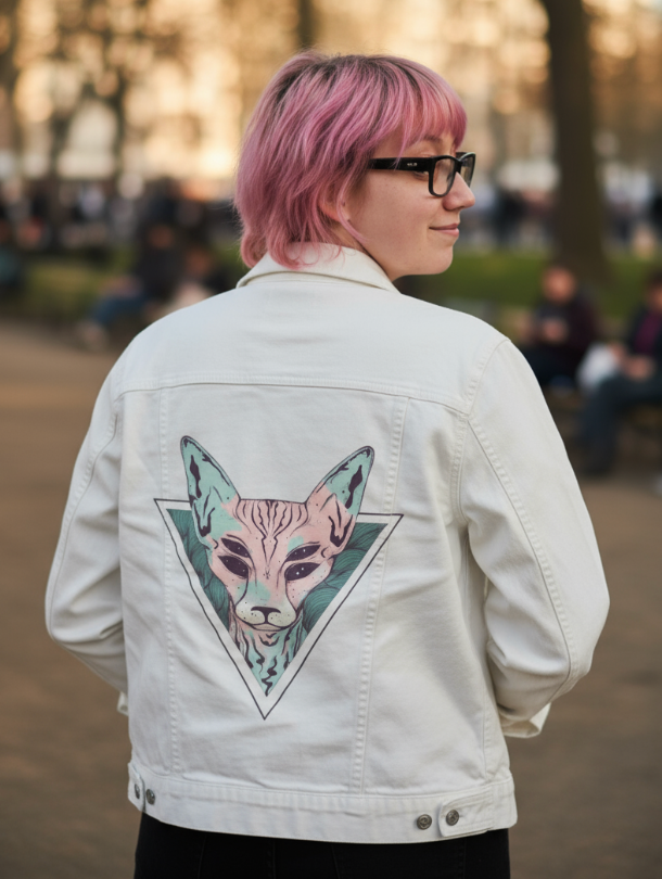 MYSTIC SPHINX by JESS ADAMS, digitally printed on DENIM products: throw pillows, aprons, table place mats, and hand-made Unisex Denim Jackets in 3 color choices