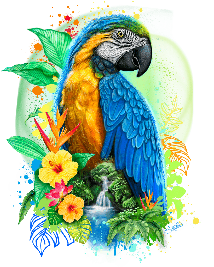 illustration of a blue-and-gold macaw shown in side profile facing right, with a vivid cobalt blue wing, golden yellow chest, & green-tinted crown. the bird has a large curved black beak & a pale facial patch with fine dark feather lines around the eye. it is surrounded by tropical flowers in yellow, orange, & pink, broad green leaves, & neon paint splashes in lime green, turquoise, & orange. a small waterfall & pool appear beneath the bird within the foliage. titled “Macaw Spirit" by Sheena Pike