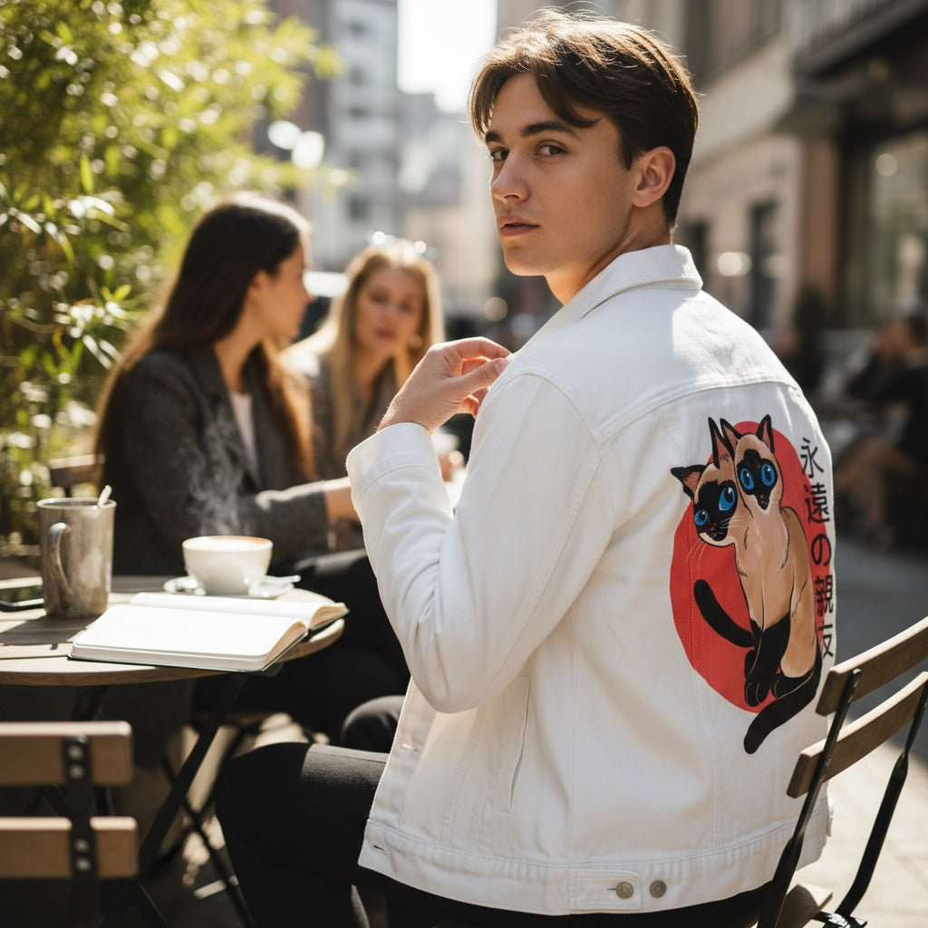 SIAMESE by PEPE RODRIGUEZ aka PPMID, digitally printed on DENIM products: throw pillows, aprons, table place mats, and hand-made Unisex Denim Jackets in 3 color choices