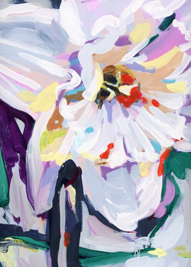 illustration of A close-up white flower painted in expressive, layered brushstrokes, with broad white and cream petals radiating outward from a warm yellow and red center. The petals overlap densely, with visible strokes of lavender, pale blue, and soft pink mixed throughout. dark green stems and leaves cut through the composition, and the background blends purple, green, and pastel tones with visible paint texture. This artwork is titled “March Birth Flower” and created by Paige Flotterud