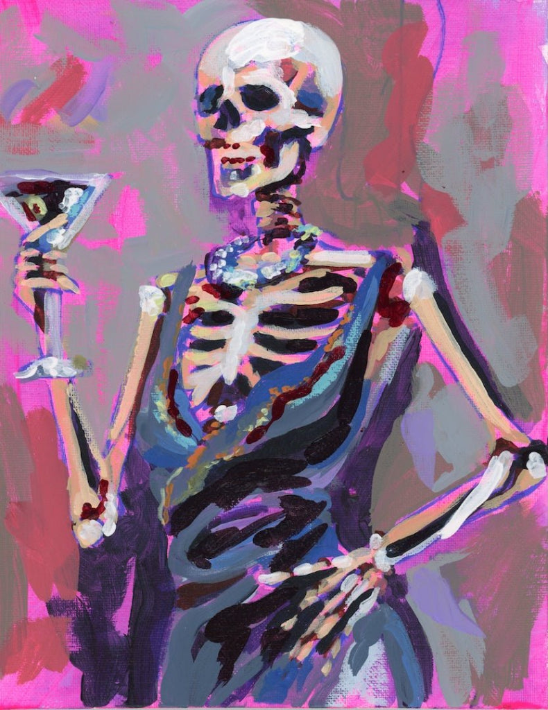 illustration of A painted skeleton posed upright wearing a fitted dark dress, holding a cocktail glass in one hand with the other hand resting at the waist. the skull faces forward with hollow eye sockets and defined cheekbones, rendered in layered strokes of white, cream, and pale blue. ribs and arm bones are visible beneath the dress, painted with expressive brushstrokes. The background is filled with vivid pink, mauve, gray, and purple paint textures. This artwork is titled “Mrs. Skele” and created by Pa