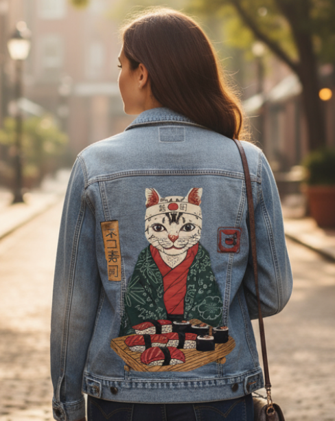 NEKO SUSHI BAR by VINCENT TRINIDAD, digitally printed on DENIM products: throw pillows, aprons, table place mats, and hand-made Unisex Denim Jackets in 3 color choices