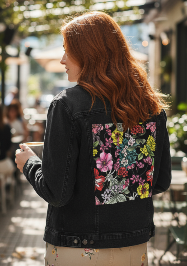 NIGHT IN INDIA by CECILIA BATTAINI, digitally printed on DENIM products: throw pillows, aprons, table place mats, and hand-made Unisex Denim Jackets in 3 color choices