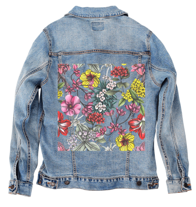 NIGHT IN INDIA by CECILIA BATTAINI, digitally printed on DENIM products: throw pillows, aprons, table place mats, and hand-made Unisex Denim Jackets in 3 color choices