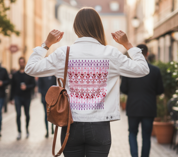 NORWEGIAN PATTERN by CatCoq, digitally printed on DENIM products: throw pillows, aprons, table place mats, and hand-made Unisex Denim Jackets in 3 color choices