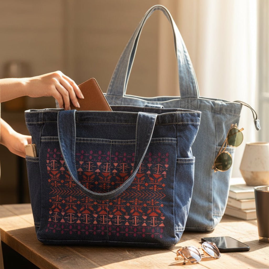 Denim tote bag on a wooden table with a vertically aligned Scandinavian folk pattern "Norwegian Pattern" by CatCoq made of repeating geometric rows including tulip shapes, arrows, diamonds, snowflakes &amp; stylized trees. the hand-painted elements fade from deep violet at the top to coral &amp; rust red toward the center, then shift to pink &amp; purple again. printed by DenimINK