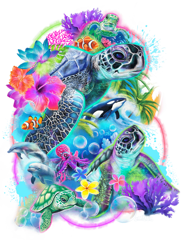 illustration of a vibrant underwater collage featuring multiple sea turtles swimming among coral reefs, tropical flowers, bubbles, and splashes of neon paint. dolphins, an orca, clownfish, an octopus, and colorful reef fish move through glowing blue water, framed by hibiscus flowers, palm leaves, and coral in electric pinks, greens, teals, and purples. layered ocean life and paint textures create a luminous, dreamlike marine scene. this artwork is titled “Neon Ocean Vibes” and created by Sheena Pike