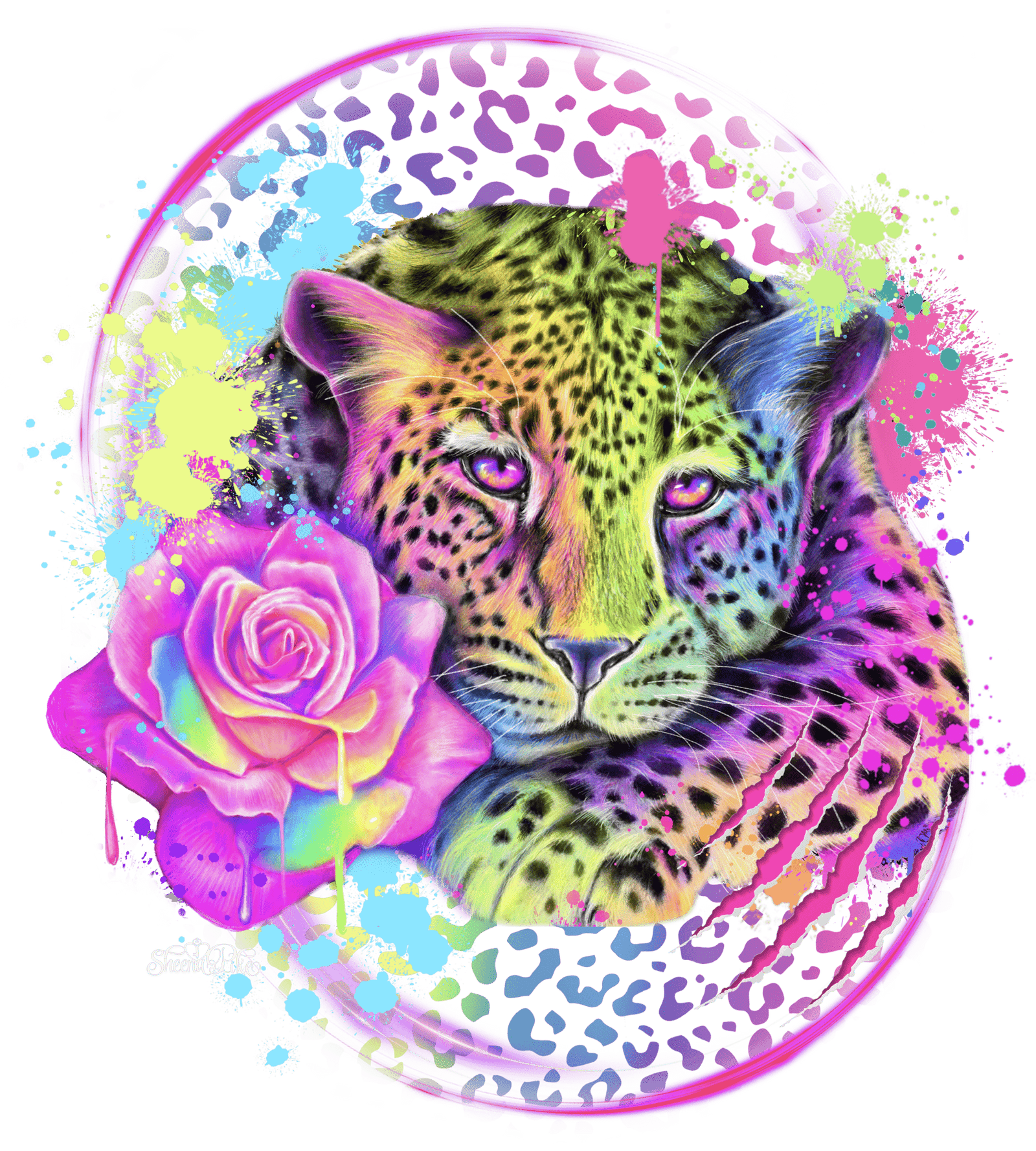 NEON RAINBOW LEOPARD2 by SHEENA PIKE, digitally printed on DENIM products: throw pillows, aprons, table place mats, and hand - made Unisex Denim Jackets in 3 color choices custom denim jacket by DenimINK